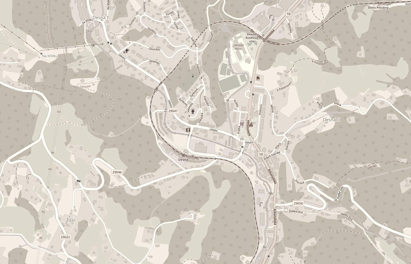 Mapa Desné s vyznačenou polohou penzionu Bella v ulici Údolní